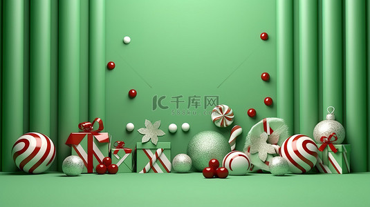 圣诞节派对背景图片_3D 渲染的圣诞节横幅，以绿色背景为特色，配有礼品盒圣诞球拐杖糖和星星，有充足的复制空间