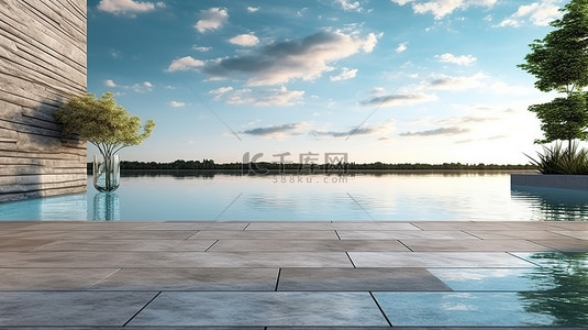 山抽象背景背景图片_湖滨泳池，具有抽象的外部和景观背景，以空白混凝土墙为特色