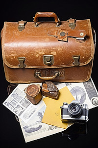 带上心情去旅行背景图片_带相机和邮票的皮革公文包