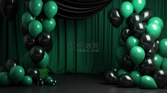黑色庆祝背景下绿色气球的真实 3D 渲染