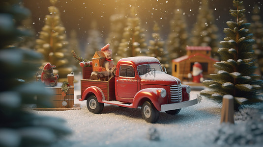 孔雀蓝色卡背景图片_圣诞卡车与圣诞老人和朋友在松树林中的节日 3D 渲染