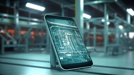 现代智能手机高科技生产线的 3D 渲染