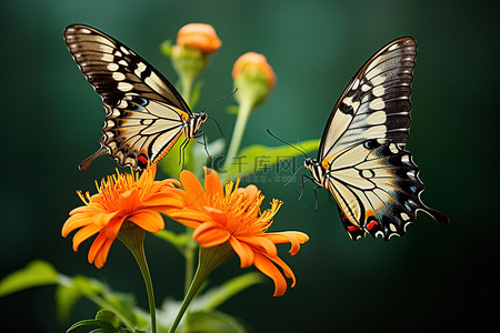 一对蝴蝶栖息在一朵橙色的花上