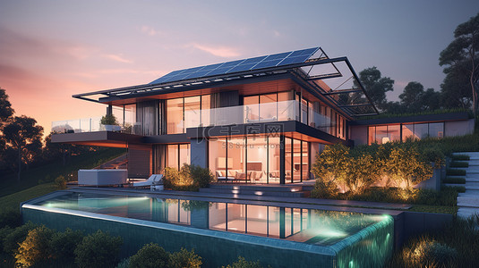 太阳能房子背景图片_令人惊叹的现代别墅，带太阳能电池板花园和游泳池，在黄昏时以令人眼花缭乱的 3D 渲染