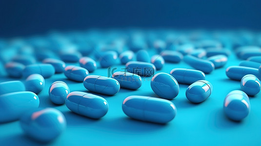 蓝色背景上胶囊和药丸的 3d 渲染