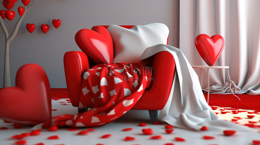 情人节卧室装饰 3d 红色红心仁在床上，配有椅子毯子和枕头