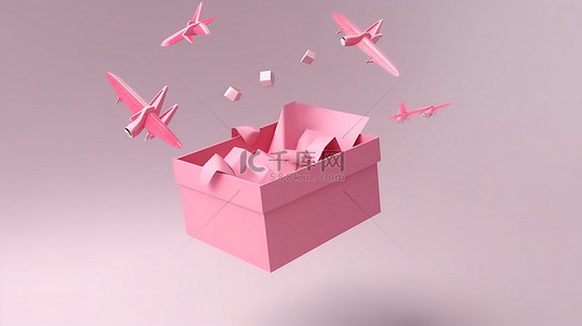 粉红色纸飞机翱翔在礼品盒充满天空的3D渲染设计艺术风格