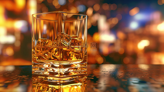 3d 渲染抽象散景背景与金色威士忌玻璃