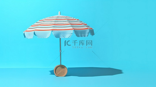 蓝色沙滩伞横幅的 3D 渲染，带有暑假概念的复制空间