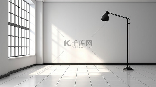 简约的室内设计 宽敞的房间，配有原始的白色窗户瓷砖墙壁和时尚的黑色落地灯 3D 表示