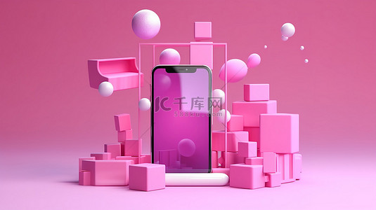 用于在线智能手机购物的粉红色背景浮动购物项目的 3d 渲染