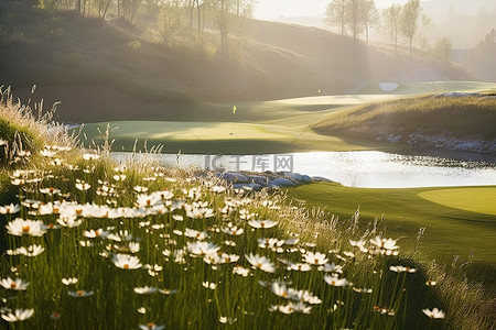 河边有高尔夫球场和雏菊花
