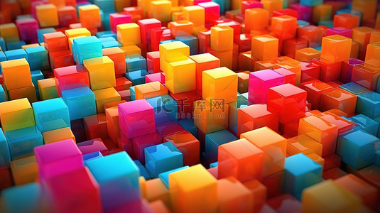3D 渲染的集体抽象艺术作品中充满活力的立方体