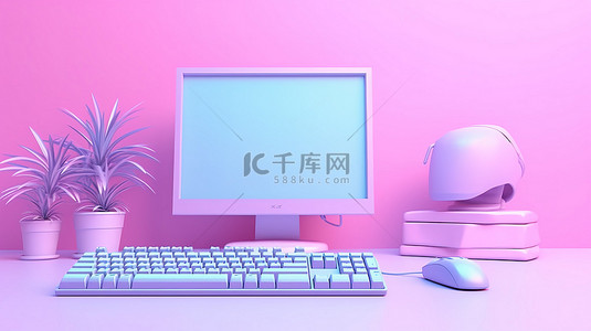 粉红色背景上蓝色电脑显示器键盘和鼠标在线实时显示的 3D 渲染