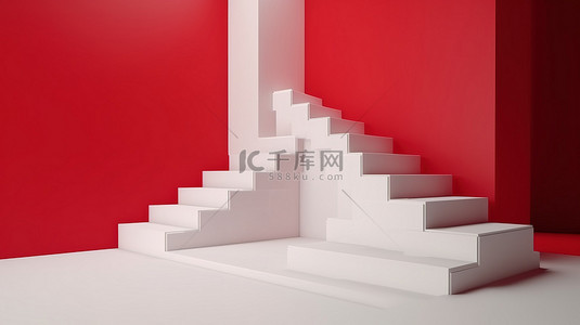 红色房间背景图片_3d 红色房间背景中的简约白色楼梯