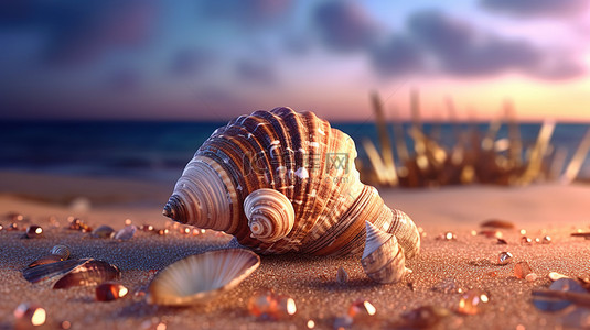 暮色背景图片_3d 渲染的贝壳在暮色中在海滩上发光