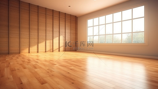 带有天然木地板和 3D 窗户照明的简单房间