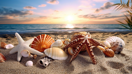 3d 渲染海滩上一系列美丽的贝壳和海星