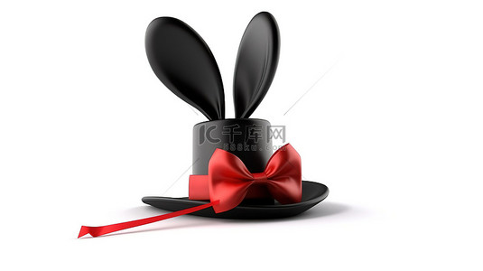 黑色礼帽的孤立 3D 渲染，带有红丝带魔杖和兔子耳朵弹出