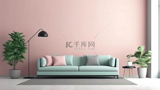 当代 d cor 墙壁上有样机印刷品和时尚的粉色和绿色沙发 3D 渲染
