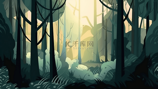扁平化卡通森林背景图片_绿色森林扁平风格插画