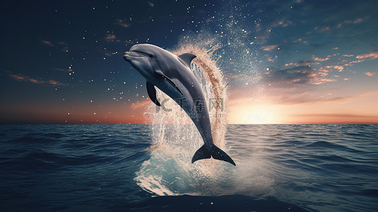 满月夜 3d 渲染海豚从海洋中跳跃