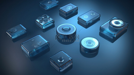 蓝色背景 3D 插图上的媒体播放器按钮图标集