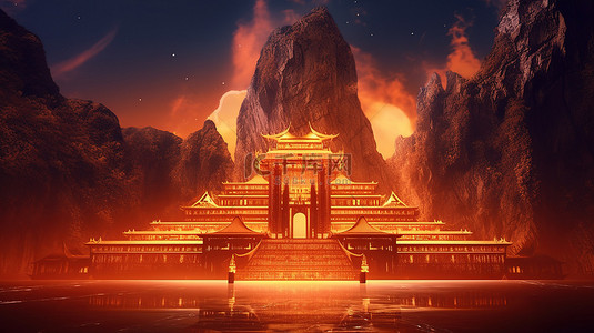 全景 3D 插图雄伟的寺庙照亮了山地景观的光芒
