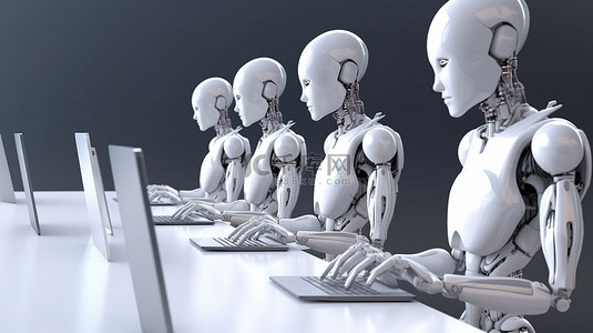 女性机器人或机器人在行动 操作台式计算机的自动化工人的 3D 渲染