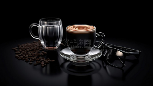 咖啡杯旁边的相机和眼镜在 3D 渲染的时尚黑色背景上