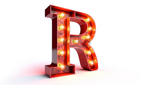 红色复古灯泡字母照亮白色背景 3D 渲染上的“灯”一词