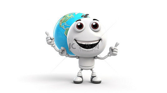 科技设备背景图片_3D 渲染角色地球吉祥物和现代手机，白色背景上有空白屏幕，用于设计目的