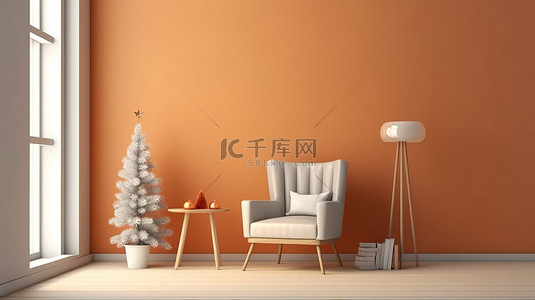 简单的节日装饰 3D 渲染插图，配有圣诞树和椅子
