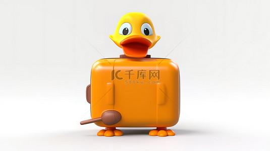 可爱的黄鸭吉祥物，白色背景 3D 设计中配有橙色手提箱