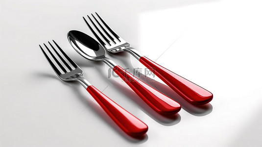 白色背景上的红叉勺和刀的单色 3D 图标