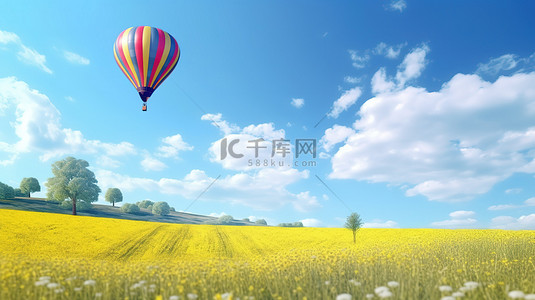 穿越蓝天 3D 渲染气球漂浮在风景优美的田野景观上