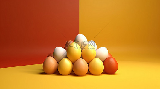 充满活力的黄色背景上的复活节彩蛋的 3D 渲染