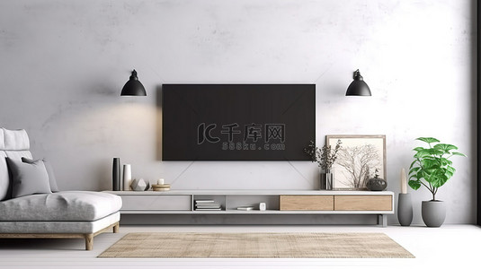 媒体娱乐背景图片_斯堪的纳维亚室内的 3D 渲染灰色沙发，在电视流媒体上欣赏娱乐电影