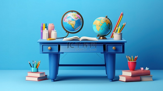 黑板前的学生背景图片_课桌前蓝色桌面上学校配件的 3D 渲染