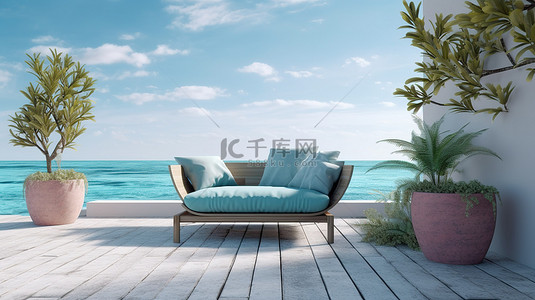 休息室露台的 3D 渲染，配有华丽的海滩风景和沙发