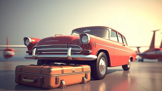 汽车平面背景图片_令人惊叹的 3D 渲染旅行必需品行李箱和汽车