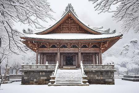 雪落在一座大型寺庙建筑上