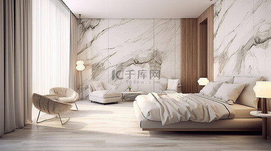 白色概念卧室和起居区的 3D 渲染，具有现代木材和大理石纹理