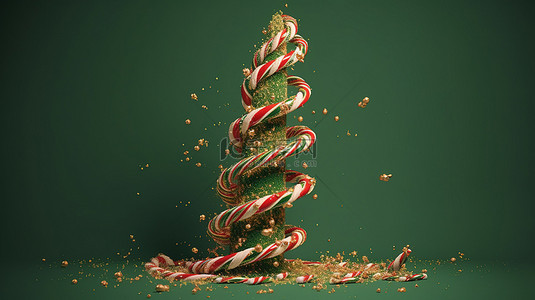 逼真的渲染 3d 圣诞糖果手杖和金色五彩纸屑闪光组合