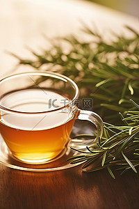 小杯花背景图片_迷迭香小枝旁边的一杯花草茶