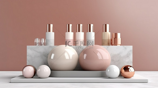 化妆品系列模型在宁静的大理石平台上展示，呈现精致柔和的氛围 3D 渲染