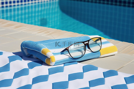 游泳暑假背景图片_游泳池边的一条毛巾和一副护目镜