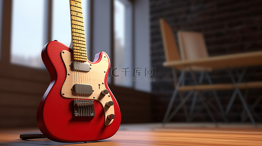 华丽的复古风格红色电吉他搁在 3D 渲染的木桌上