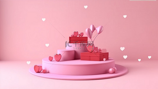 情人节快乐粉红色讲台舞台，配有 3D 渲染心形礼品盒