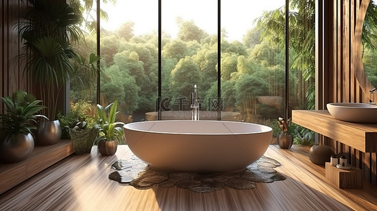 陶瓷背景背景图片_自然风光与豪华沐浴 3D 渲染浴室内部带浴缸